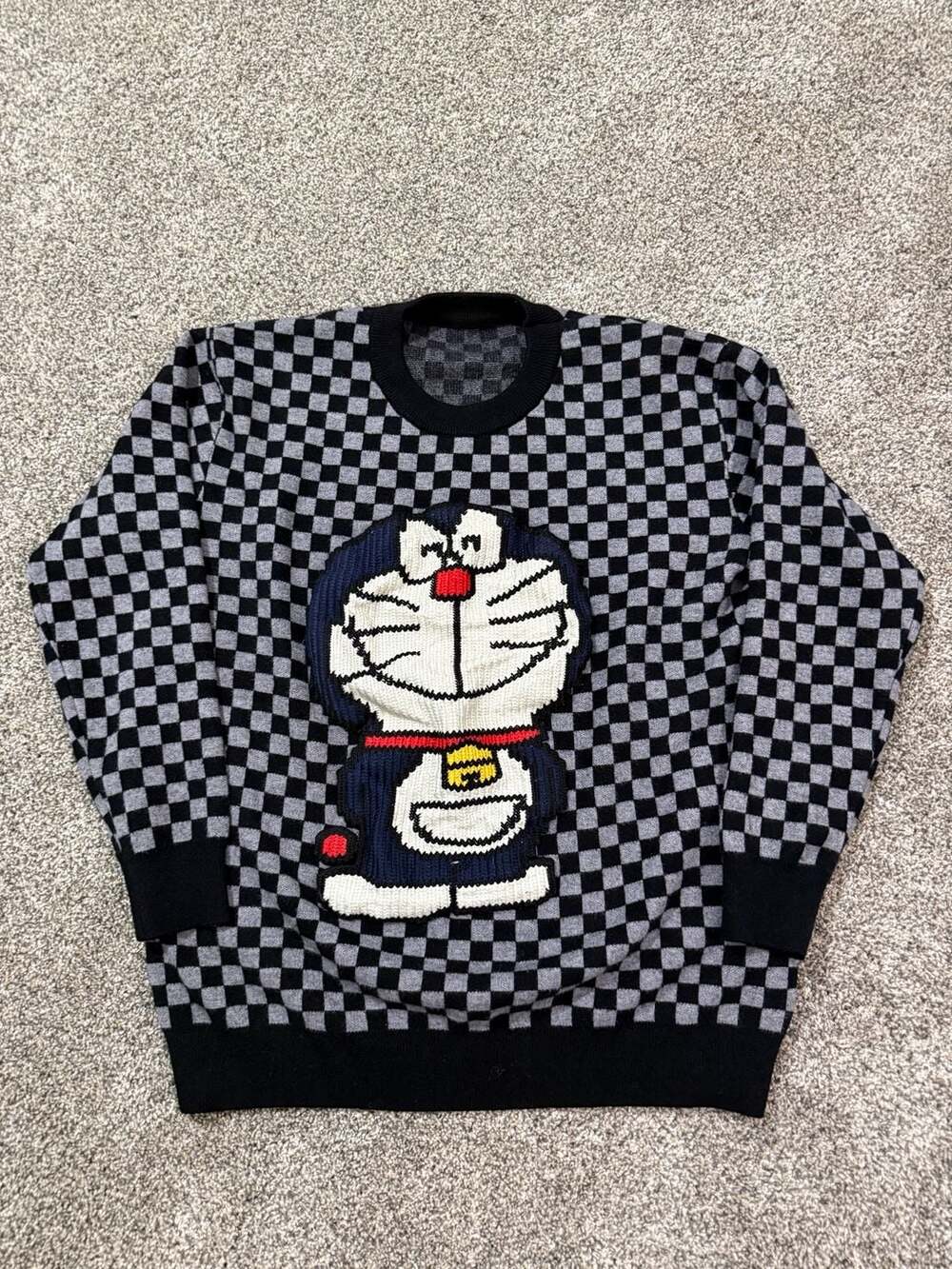 Doraemon Character Graphic Checkered Pattern Sweatshirt with Knit Design